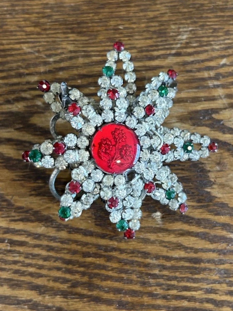 Vintage 1960s Rhinestone Starburst Hair Clip Red Green Atomic Mid Century Pin-Up